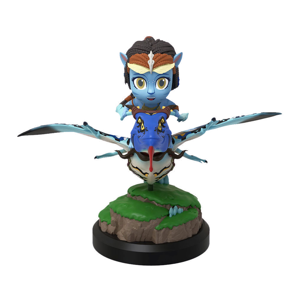 Chibi Na'vi character riding a blue and black Banshee figurine on a green and brown base