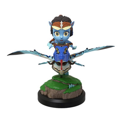 Chibi Na'vi character riding a blue and black Banshee figurine on a green and brown base