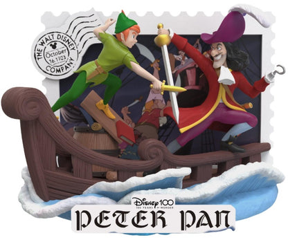 Close-up of Peter Pan flying and pointing forward above ocean waves