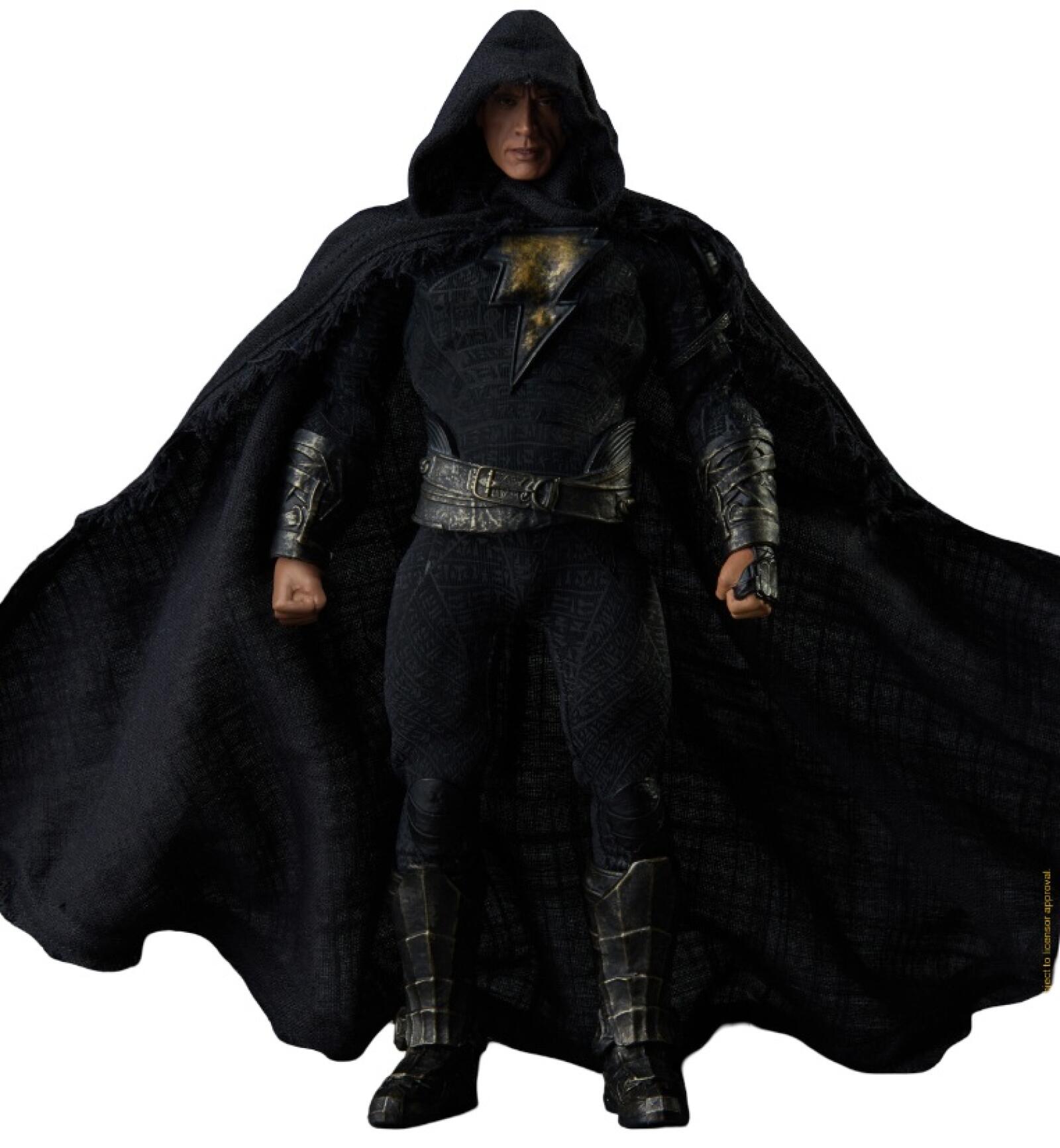 Black Adam figure with dramatic cape and glowing chest emblem on rocky lightning base