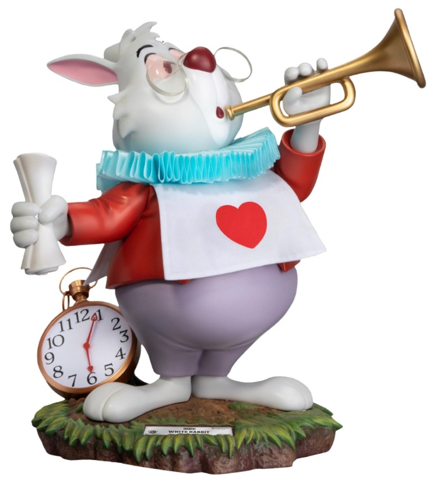White Rabbit figure holding pocket watch, standing on themed base