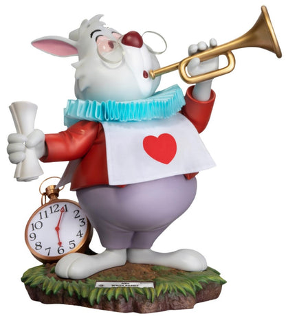 White Rabbit figure holding pocket watch, standing on themed base
