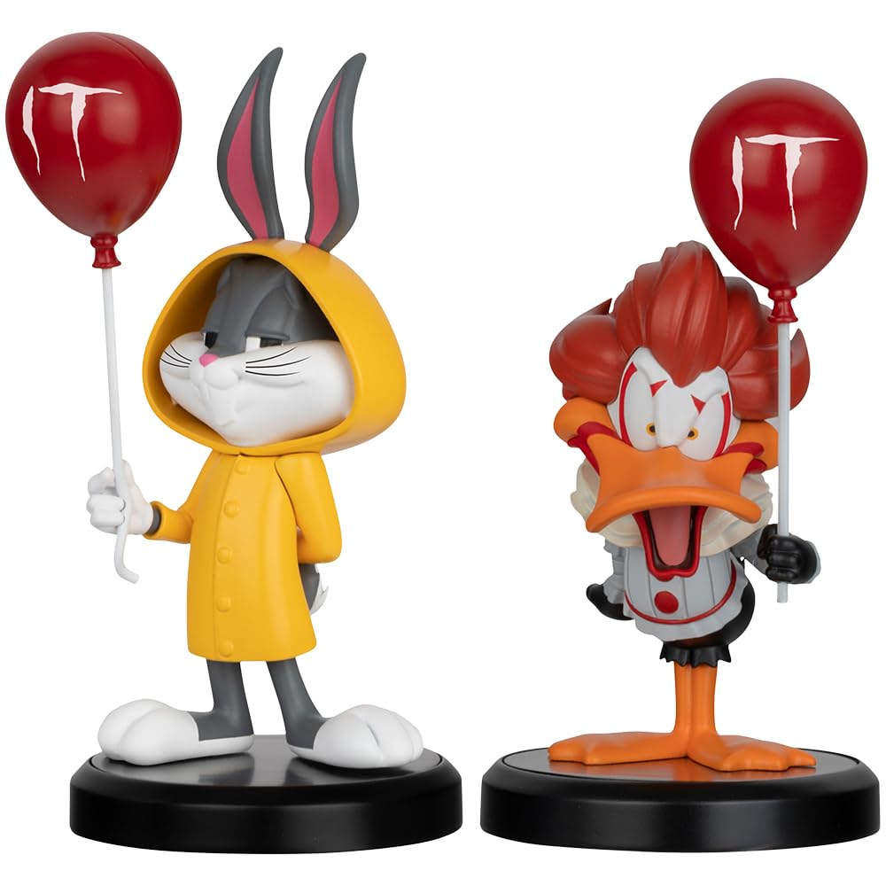 Vinyl figure of Bugs Bunny and Daffy Duck dressed as Pennywise from IT holding a red balloon
