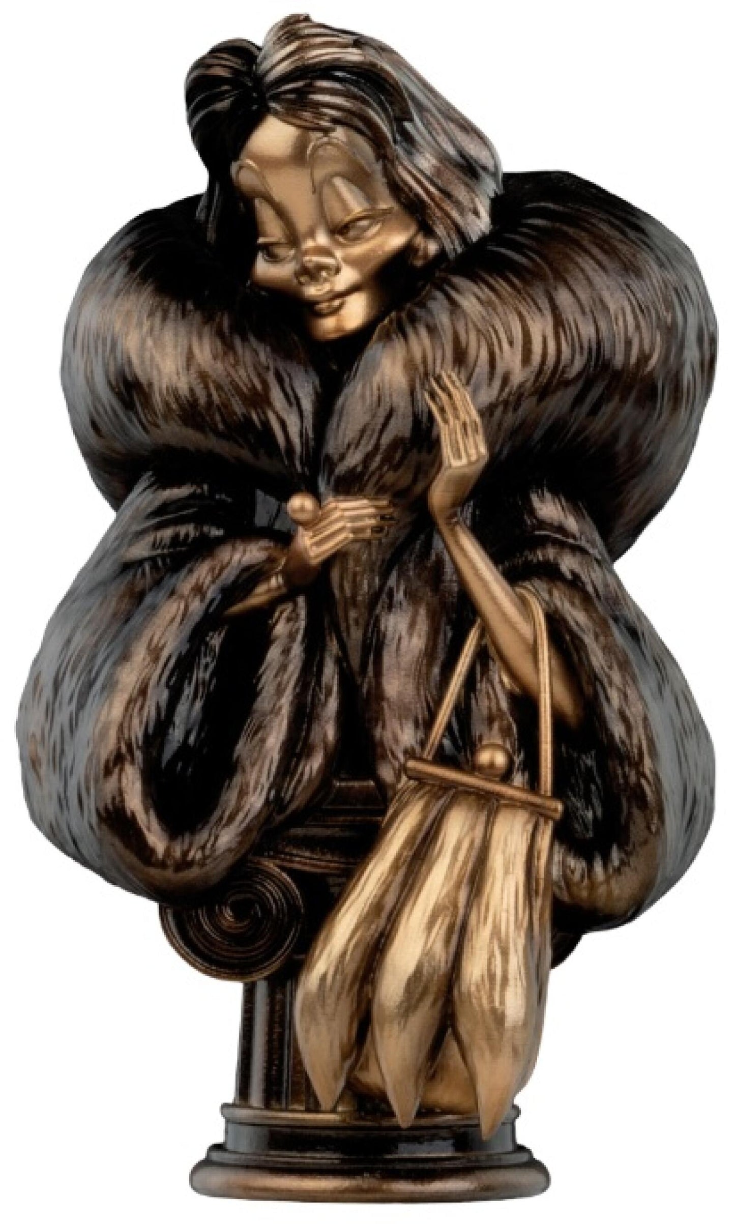 Cruella De Vil bust sculpture with half black, half white hair and fur collar