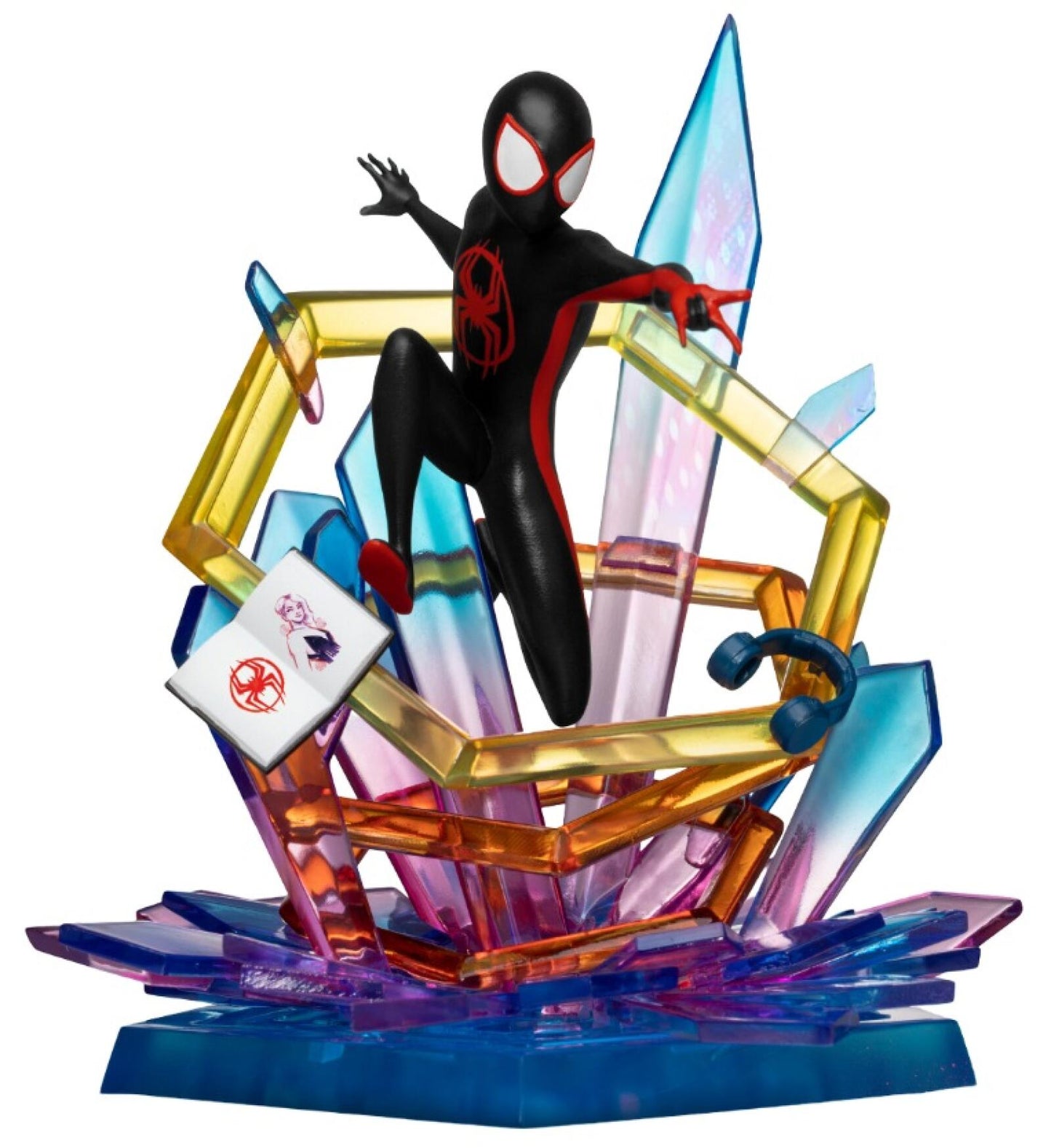 Miles Morales leaping mid-air through a city portal base from Across the Spider-Verse
