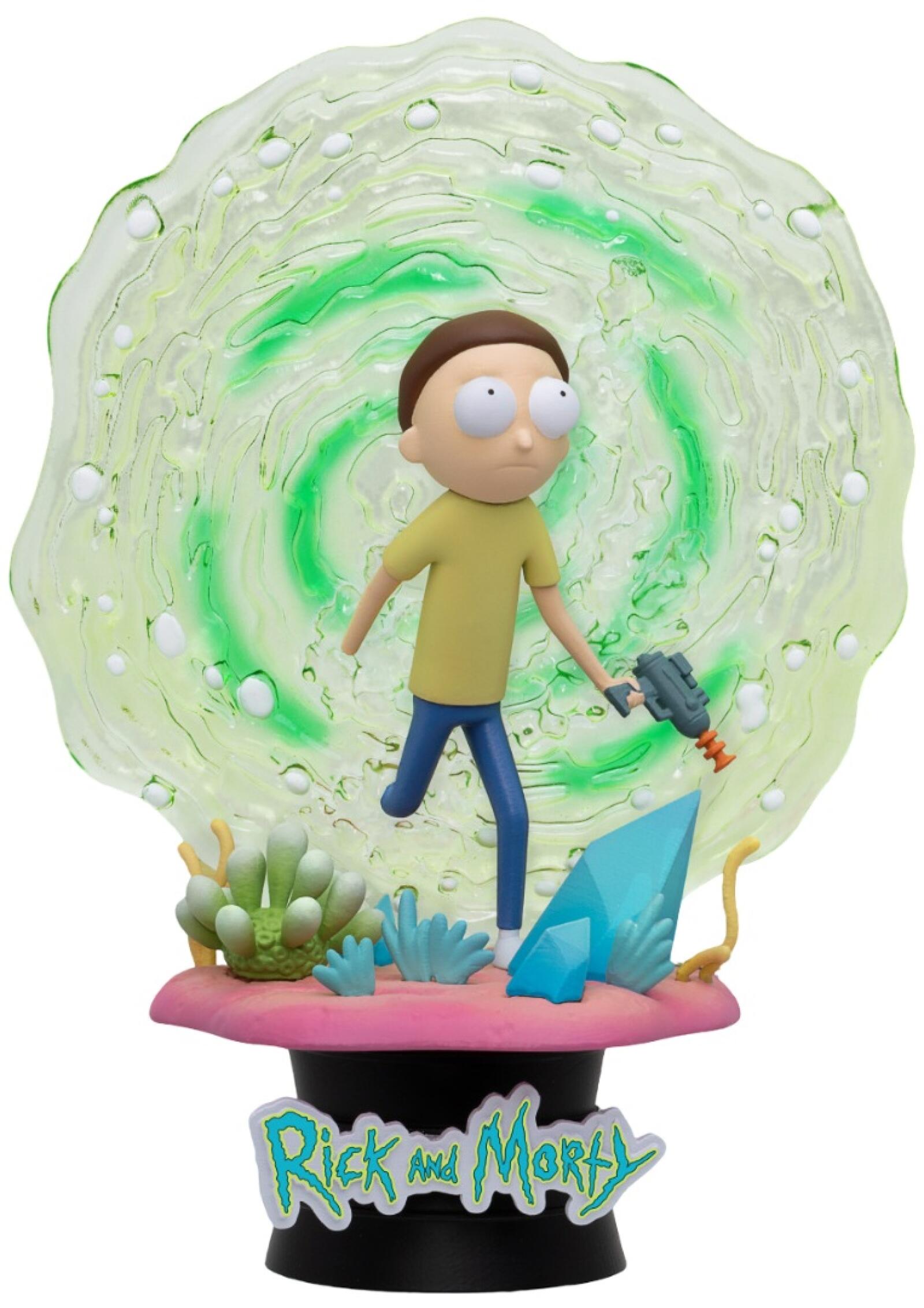 Rick and Morty D-Stage 149 Morty with portal gun running through a bright green portal in a surreal landscape