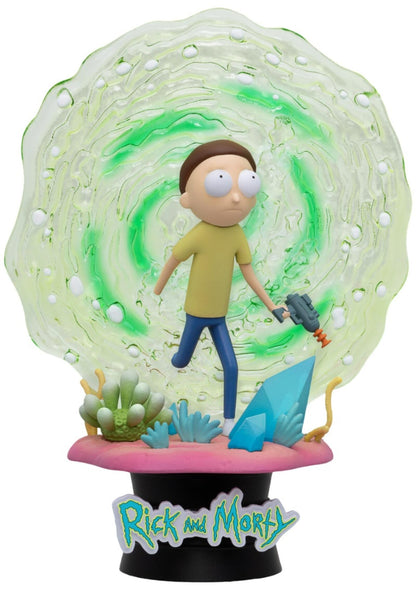 Rick and Morty D-Stage 149 Morty with portal gun running through a bright green portal in a surreal landscape