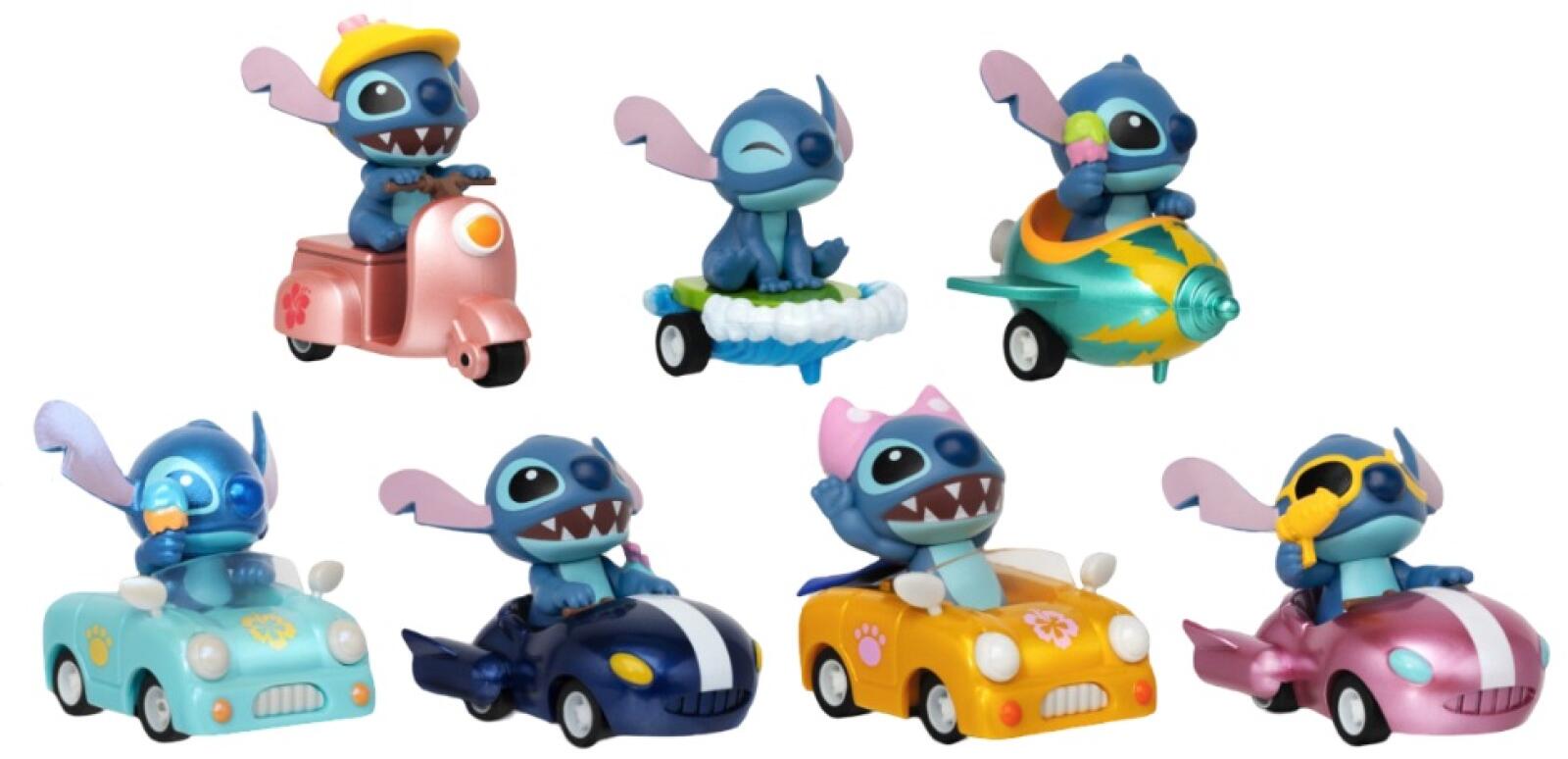 Disney Lilo Stitch Pull Back Car series with Stitch in various vehicles including a scooter rocket and cars in diverse colors