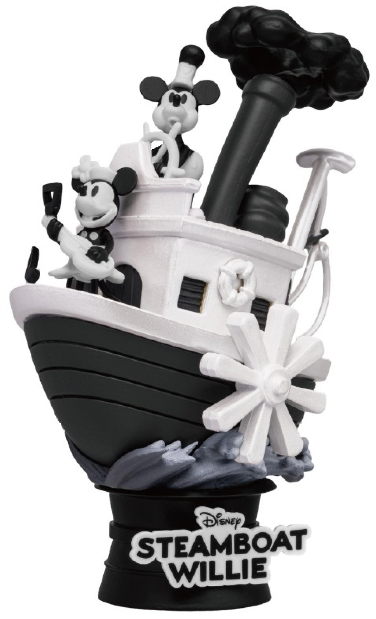 Steamboat Willie Exclusive Version D-Stage-017EX statue featuring Mickey Mouse at the helm and Minnie Mouse playing a banjo on a black and white steamboat against a dark sky