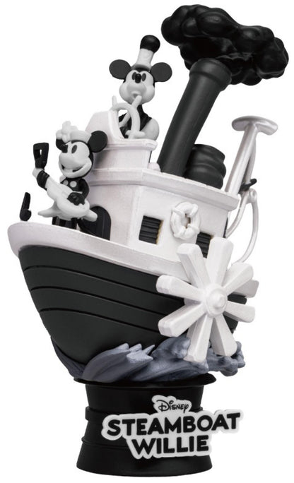 Steamboat Willie Exclusive Version D-Stage-017EX statue featuring Mickey Mouse at the helm and Minnie Mouse playing a banjo on a black and white steamboat against a dark sky