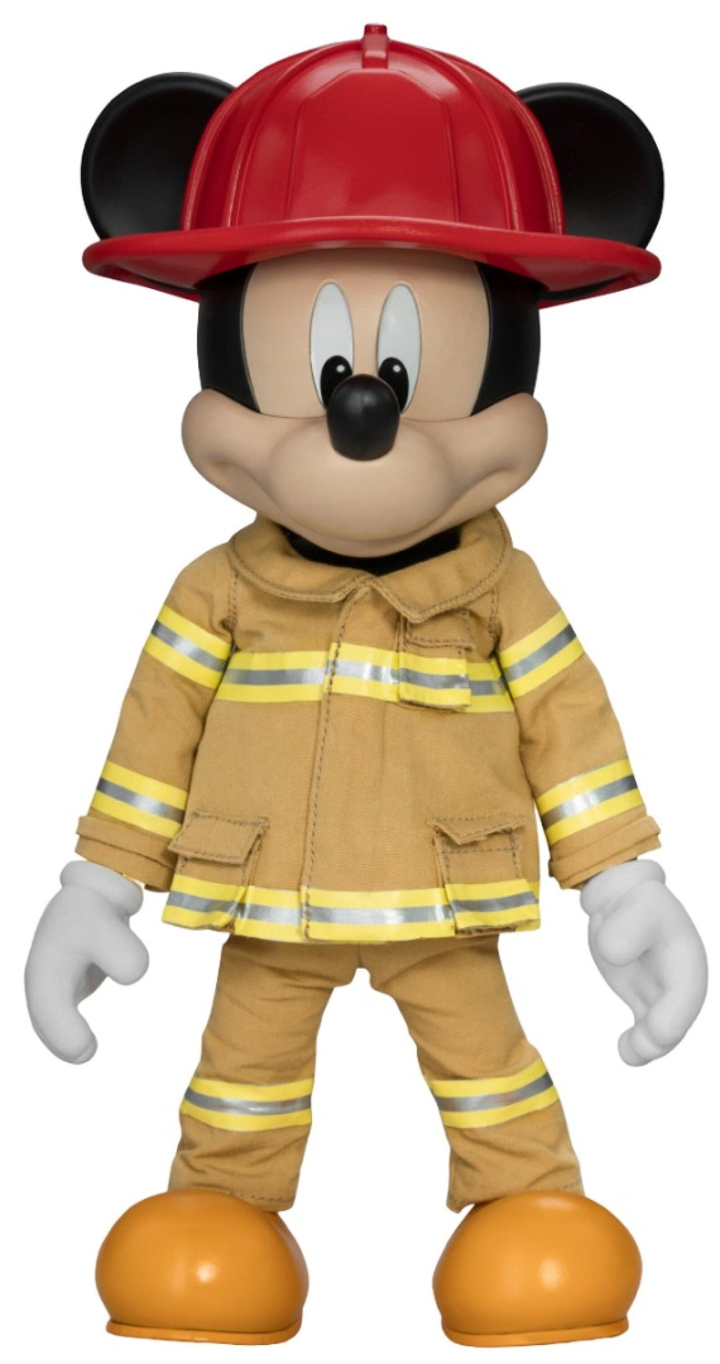 Detailed image of a Mickey Mouse action figure dressed as a firefighter in a tan uniform and red helmet standing on a yellow background with fire safety icons