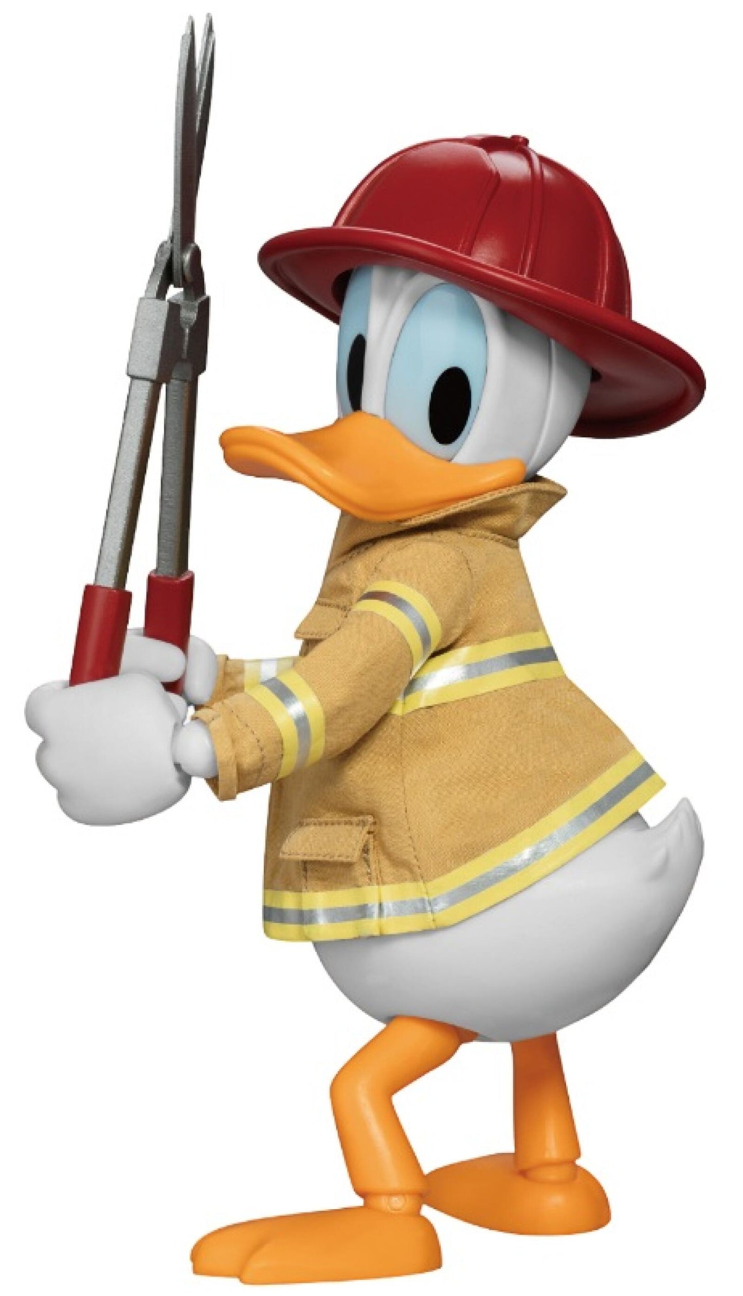Donald Duck dressed as a fireman holding a hose on round display base