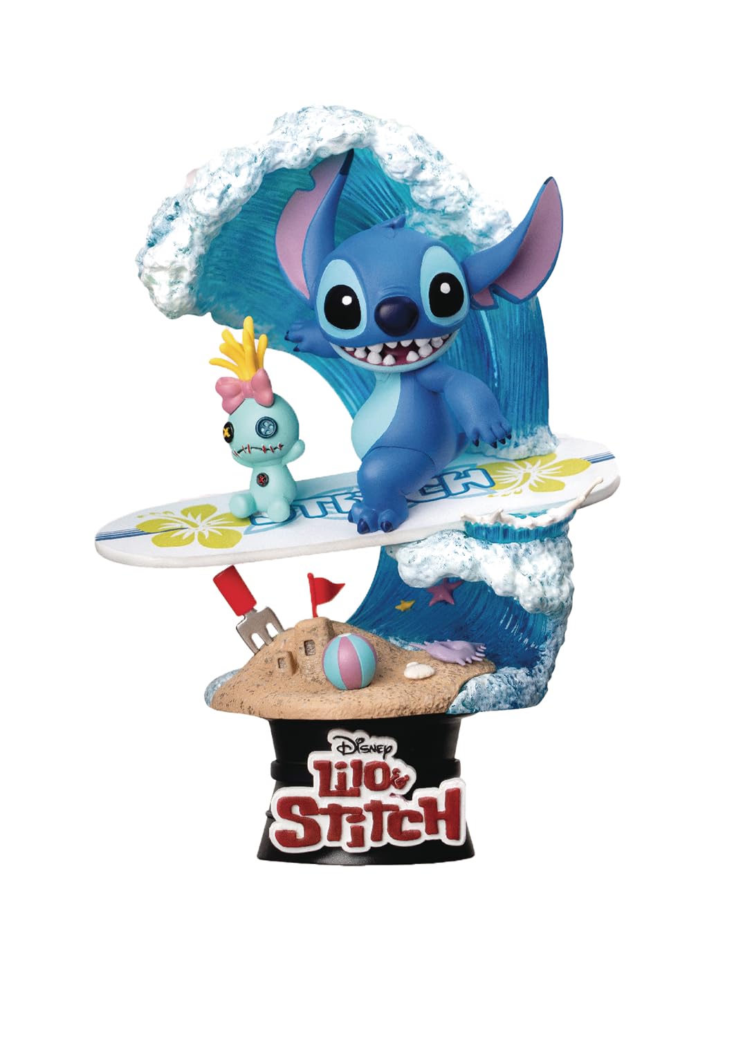 Stitch surfing on a hibiscus-decorated board with Scrump, riding a translucent wave above a sandy beach base adorned with beach balls and seashells