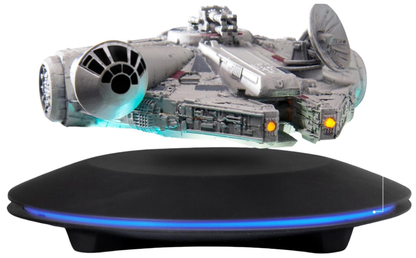 Star Wars Millennium Falcon EAF-003 floating model with light-up function displayed on a black base with blue glow