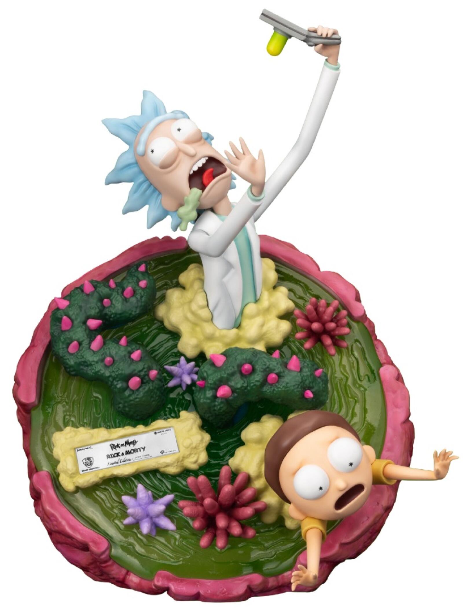 Rick and Morty figures standing side-by-side with portal gun and flask