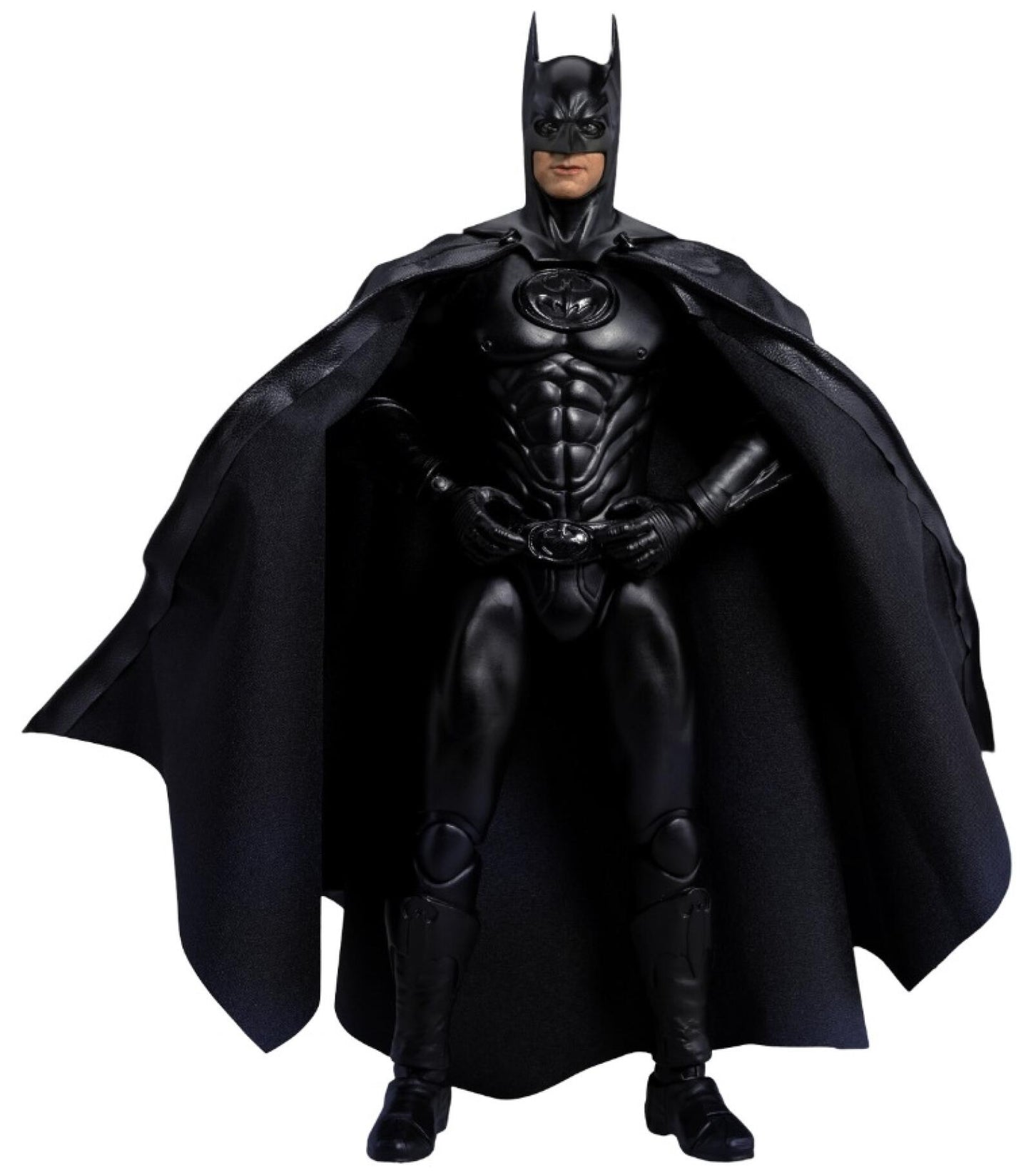 Detailed DAH-116 Batman and Robin action figure in all-black costume with flowing cape standing in a gritty urban setting with background lights