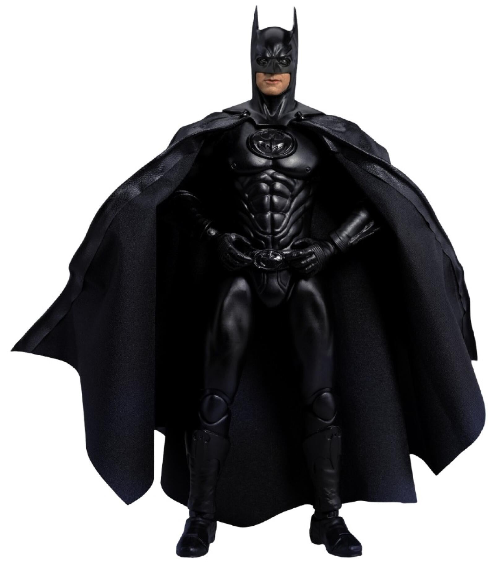 Detailed DAH-116 Batman and Robin action figure in all-black costume with flowing cape standing in a gritty urban setting with background lights