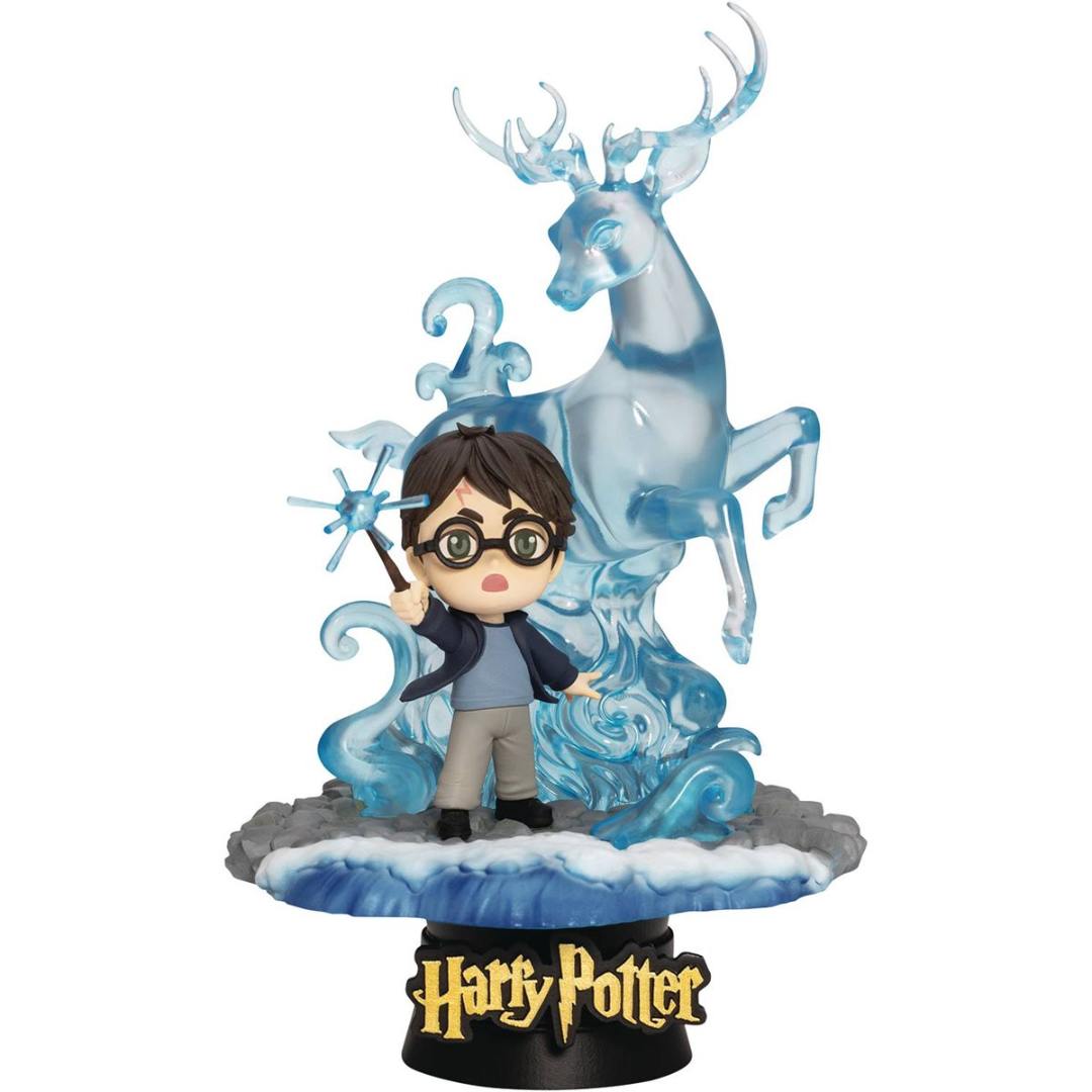 A highly detailed figurine display of Harry Potter casting the Expecto Patronum spell, with a translucent blue stag Patronus emerging in front of him and swirling magical effects at the base
