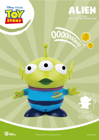 Toy Story Alien green vinyl piggy bank with blue suit purple collar and planet symbol on chest measuring 367cm wide and 40cm tall