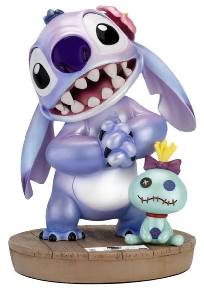 Stitch figure holding Scrump doll standing on ornate circular base