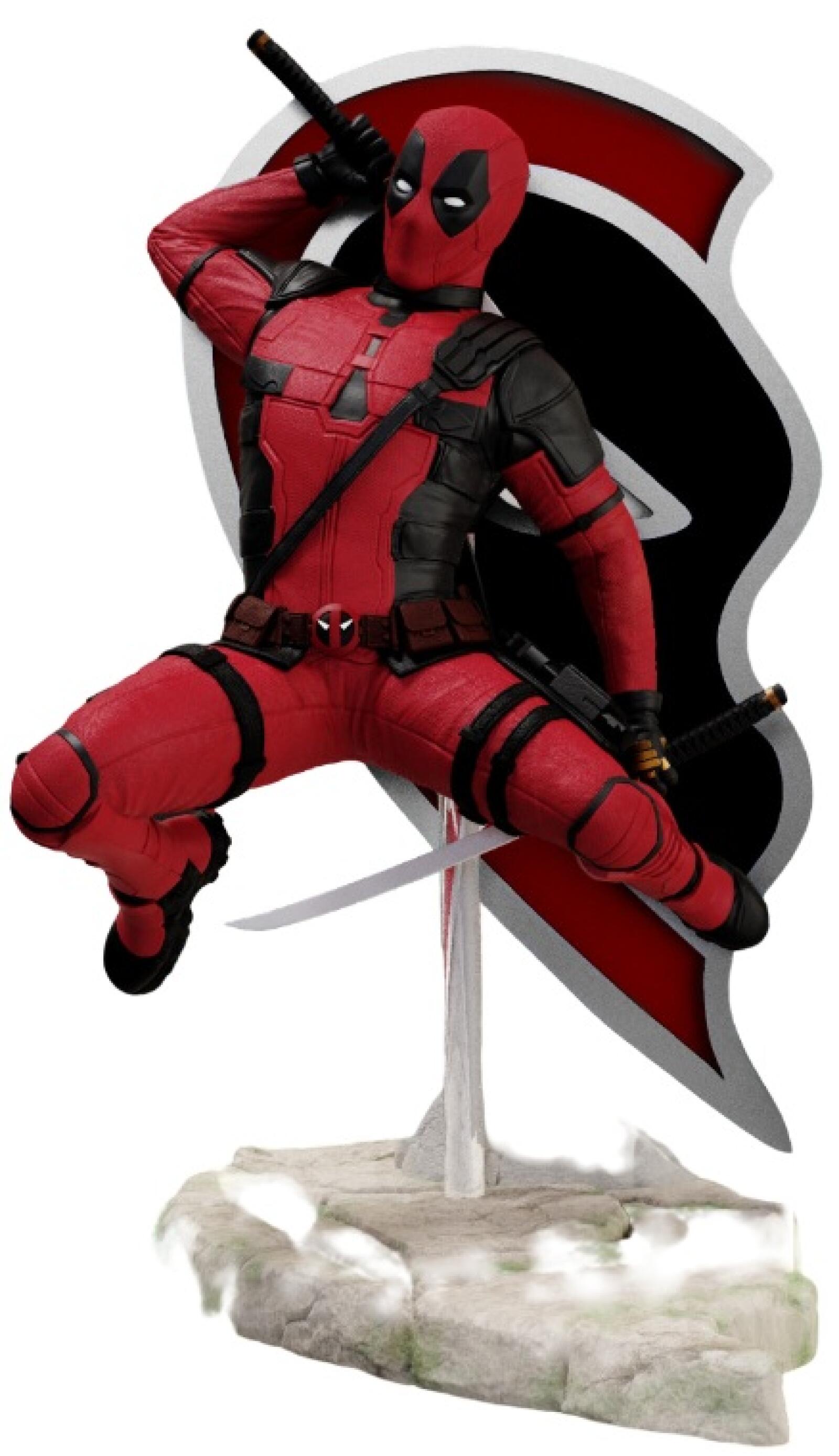 Highly detailed Deadpool action figure in red and black suit with dual swords jumping in front of large black and red logo