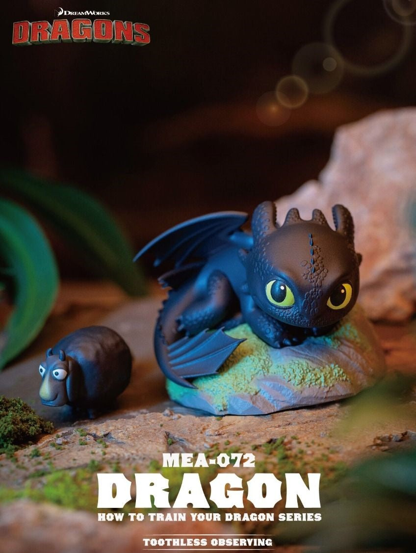 The Beast Kingdom MEA-072 Toothless Observing figurine depicts the black Night Fury dragon perched on a rock base with a small sheep