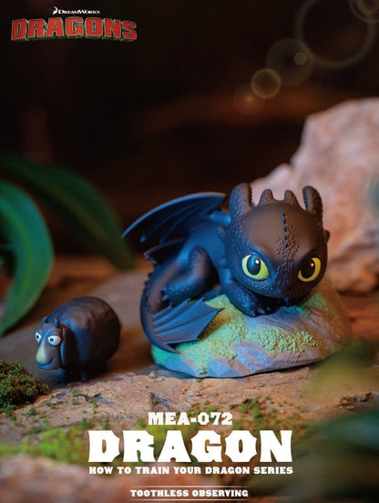 The Beast Kingdom MEA-072 Toothless Observing figurine depicts the black Night Fury dragon perched on a rock base with a small sheep