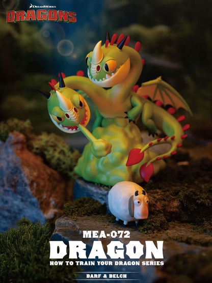 The green two-headed Barf and Belch Zippleback dragon Mini Egg Attack figure from How to Train Your Dragon standing with a tiny sheep on a mossy base