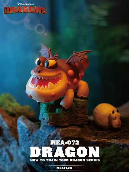 The Beast Kingdom Mini Egg Attack MEA-072 Meatlug collectible displays the smiling brown dragon standing on a sculpted base with a sheep figure nearby