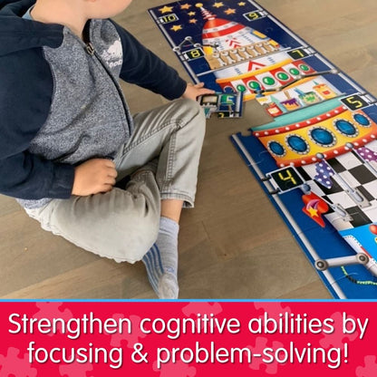 Child assembling a numbered rocket ship floor puzzle on the floor, engaging in educational play