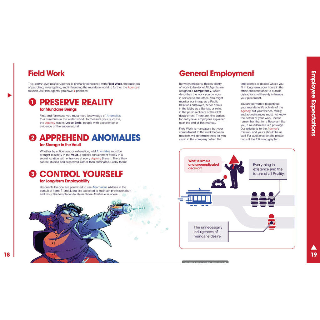 Agency manual page with agent firing a teal gun next to a flowchart contrasting employment decisions with mundane desires