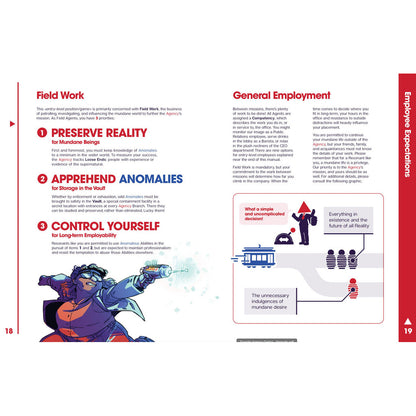 Agency manual page with agent firing a teal gun next to a flowchart contrasting employment decisions with mundane desires