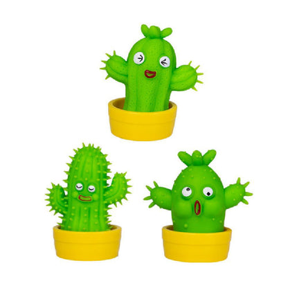 Three green, expressive cartoon cactus figures in bright yellow pots