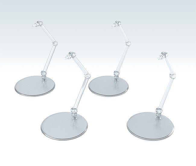 Four clear plastic action figure stands with circular bases and adjustable arms