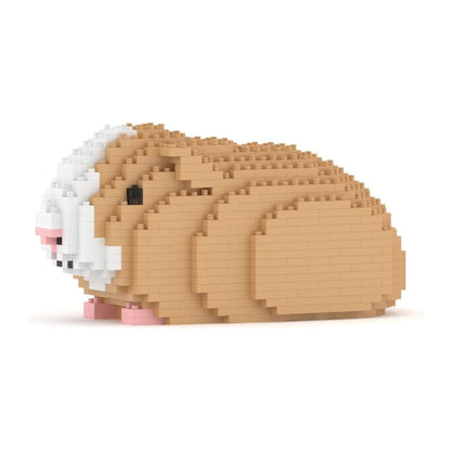 Side view of tan and white guinea pig model built entirely of interlocking toy blocks on white background