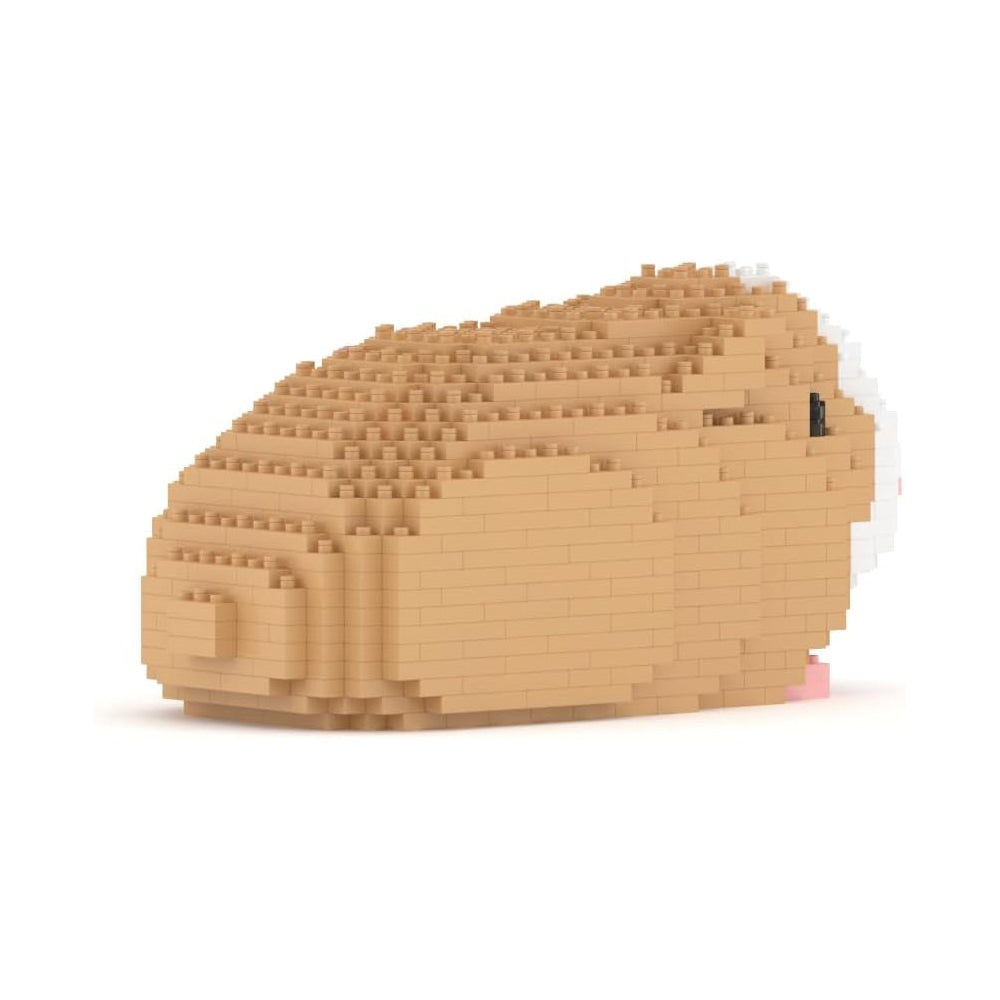 Side view of tan and white guinea pig model built entirely of interlocking toy blocks on white background