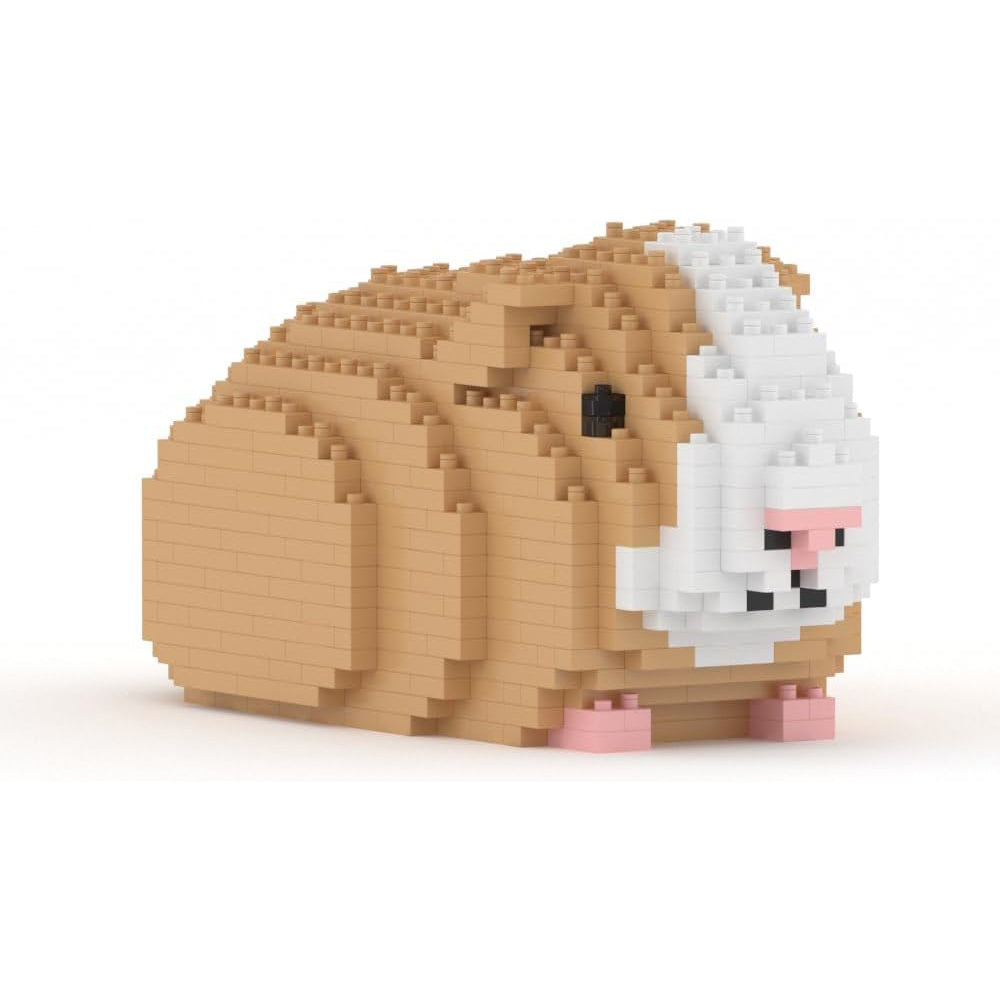 Tan and white guinea pig model built entirely of interlocking toy blocks on white background