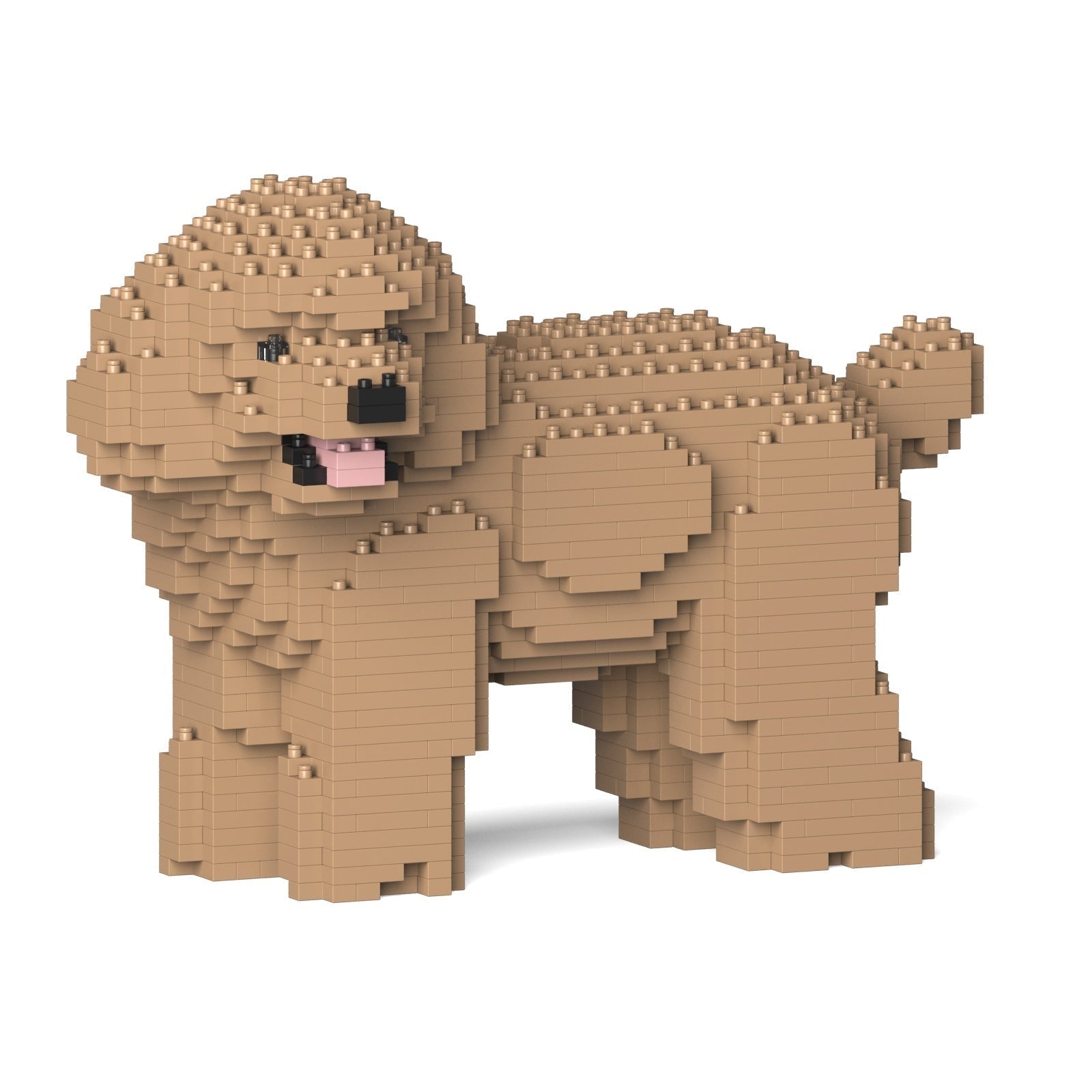 A light brown block-built Toy Poodle figurine with black eyes, nose, and a pink tongue standing against a white background