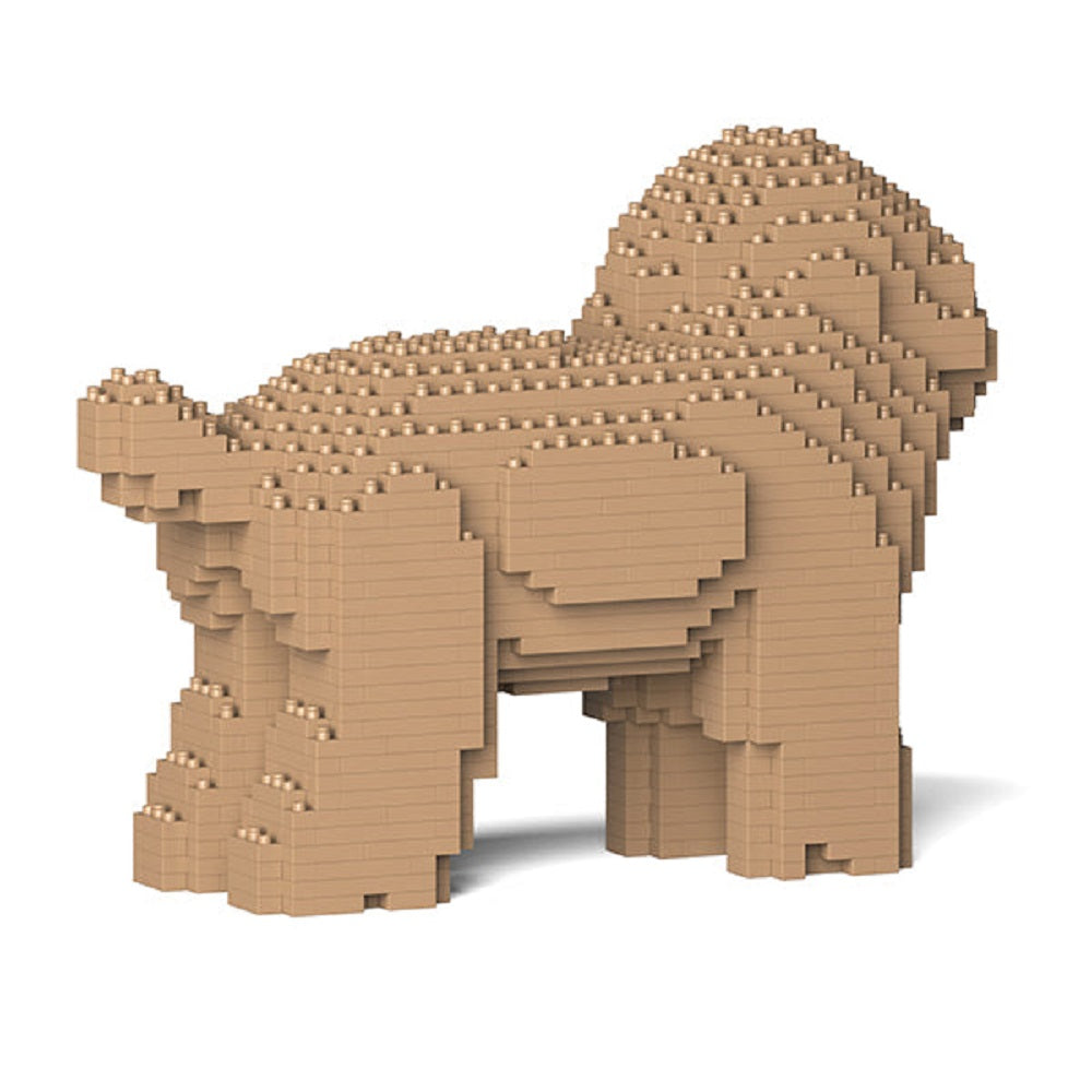 A tan Toy Poodle figure built from numerous interlocking building blocks on a white background