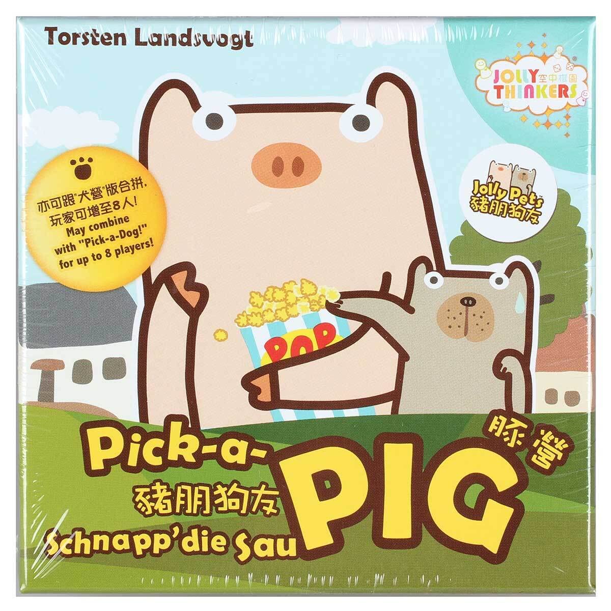 Front of the Pick-a-Pig card game box featuring cartoon pigs