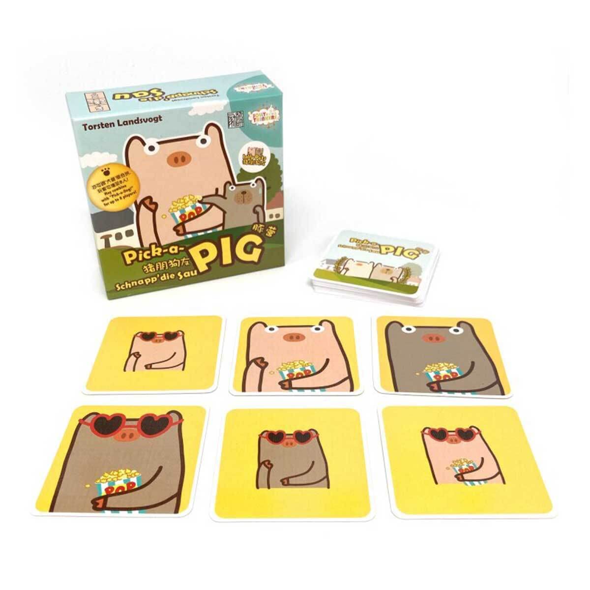 Cards fanned out to display different pig characters and traits