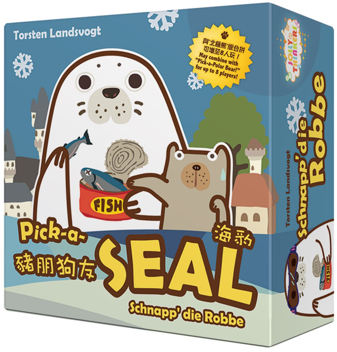 Box cover of Jolly Thinkers card game featuring colorful playful design with smiling characters and bold text promoting family fun