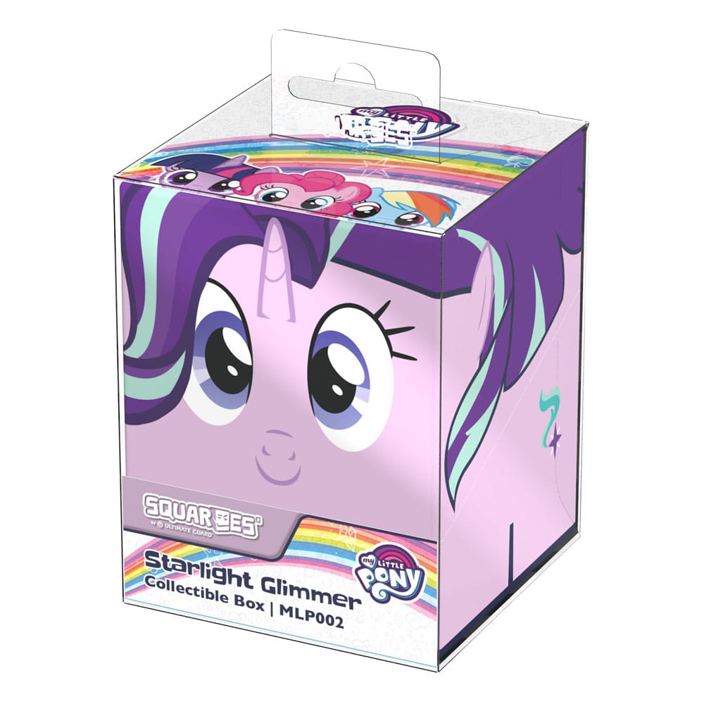 A Starlight Glimmer collectible box with a purple unicorn face, light blue hair, a white handle, and rainbow detail