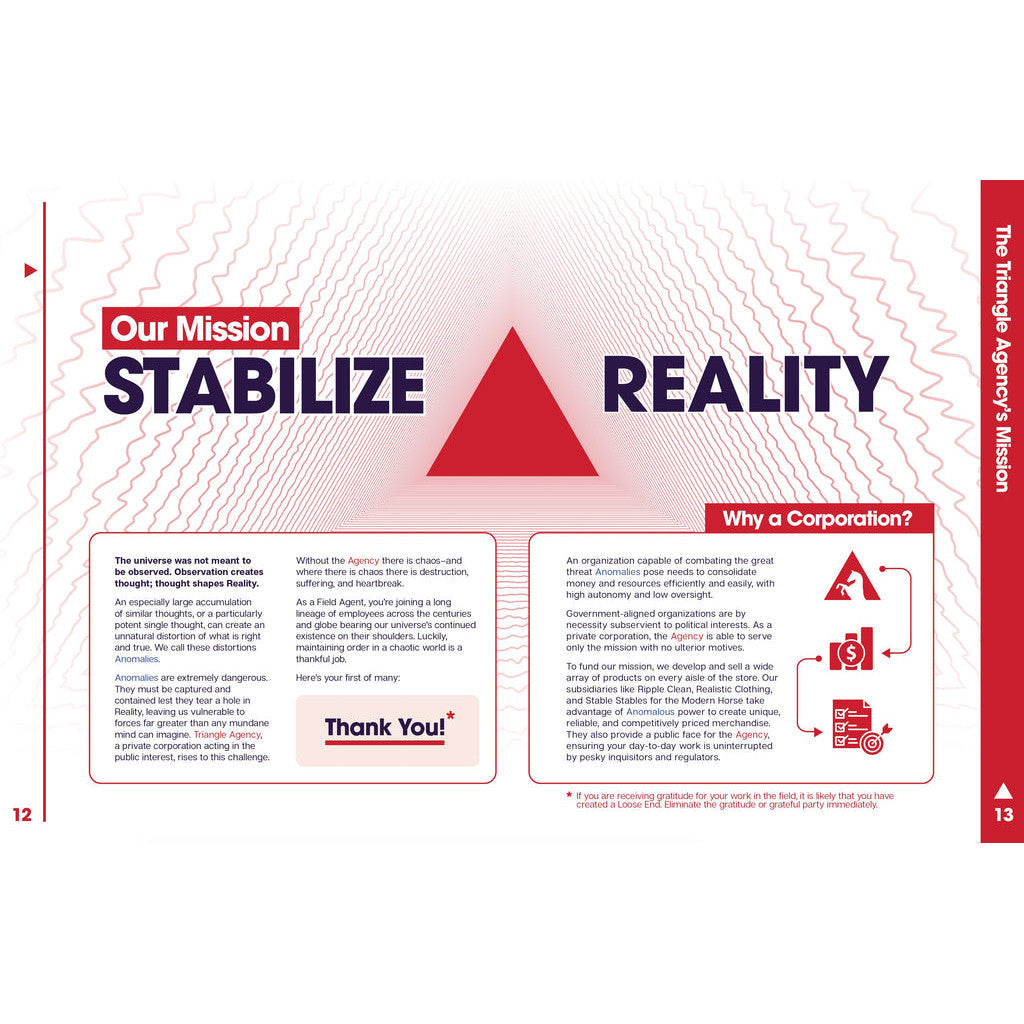The Triangle Agency mission statement: "STABILIZE REALITY," a large red triangle graphic is centered, with supporting text about anomalies