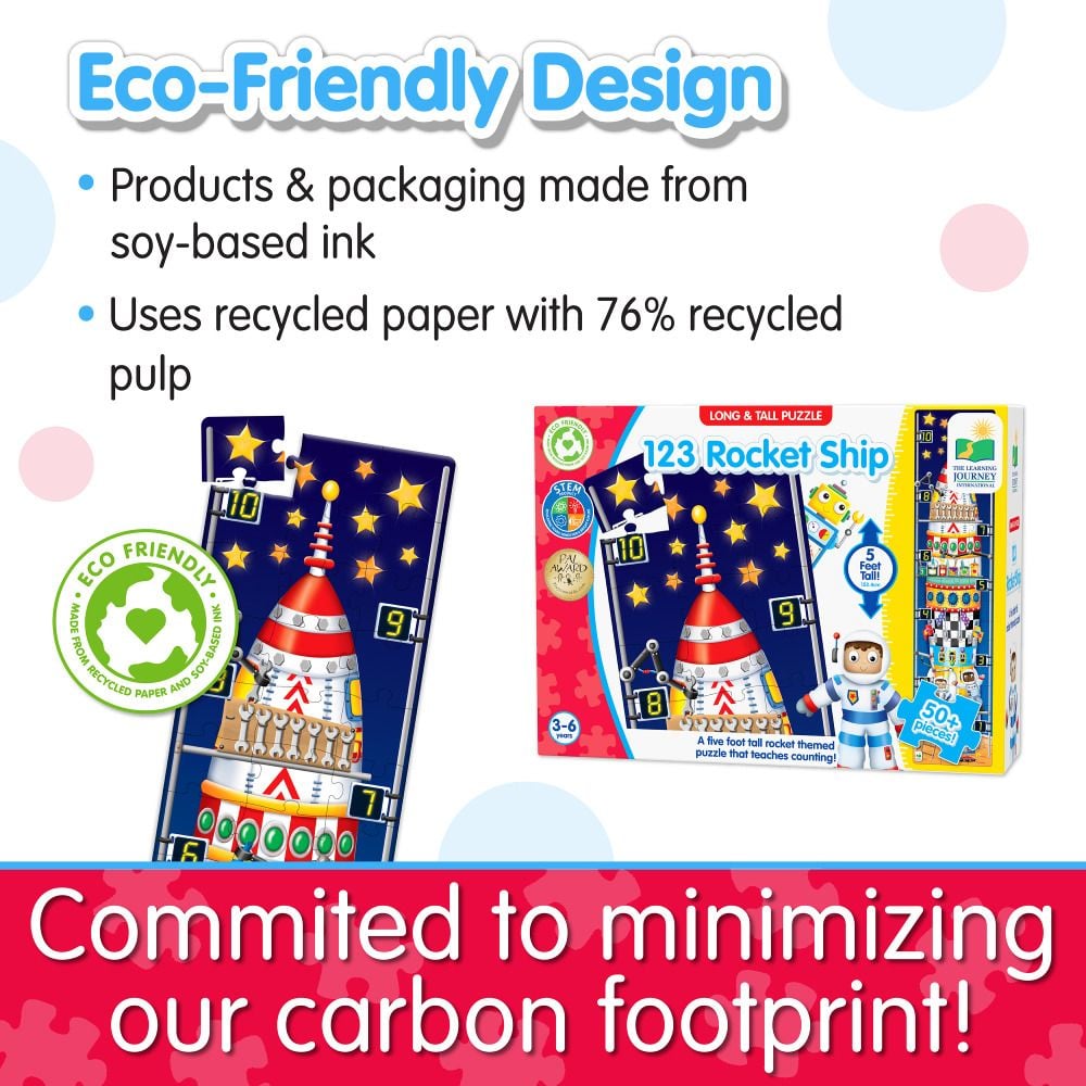 Eco-Friendly Design text and 123 Rocket Ship floor puzzle box made with soy-based ink and recycled paper