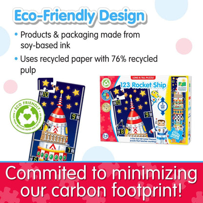 Eco-Friendly Design text and 123 Rocket Ship floor puzzle box made with soy-based ink and recycled paper