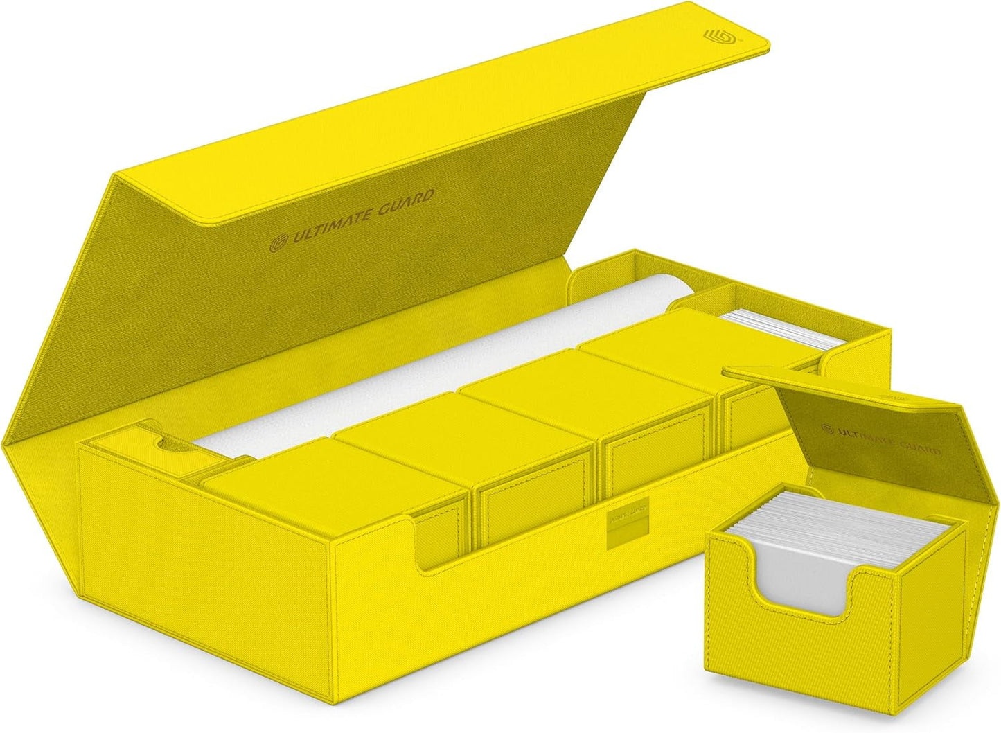 Bright dandelion modular deck box system, open to reveal four internal compartments and a detached card box filled with cards