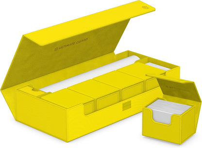 Bright dandelion modular deck box system, open to reveal four internal compartments and a detached card box filled with cards