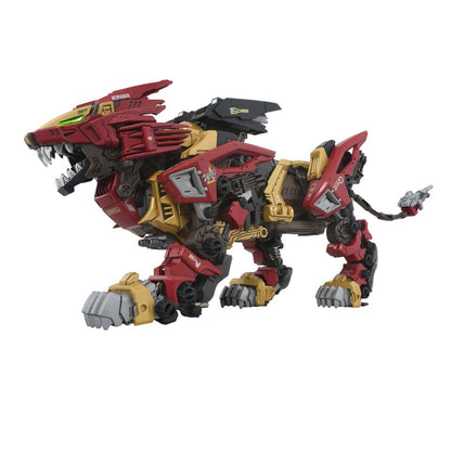 A mechanical Zoids Liger Zero Empire Ver mecha, painted richly in red and gold armor with sharp claws, poses aggressively against a white background