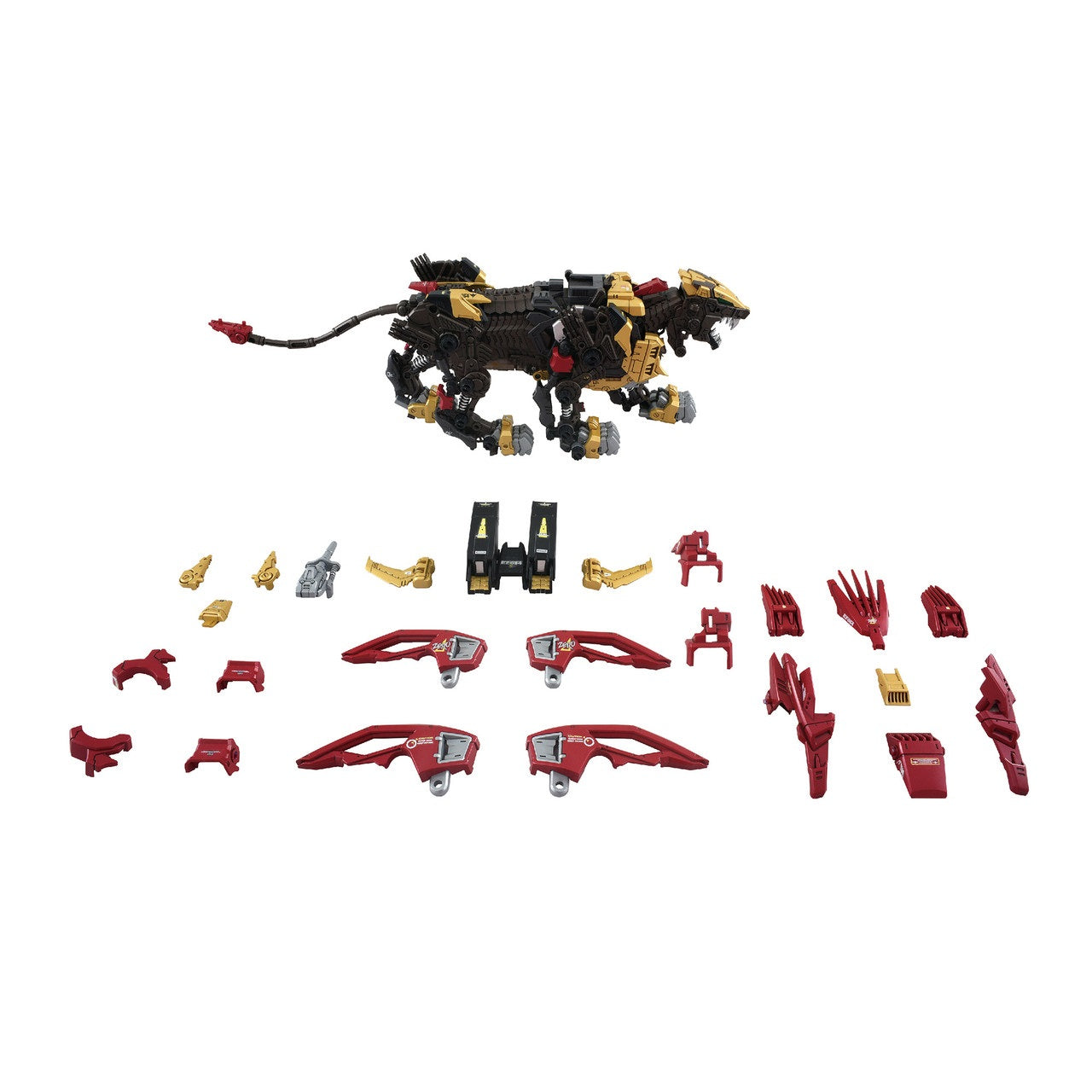 Black and gold Liger Zero Empire model with its various separated interchangeable red and gold armor pieces displayed on a white surface